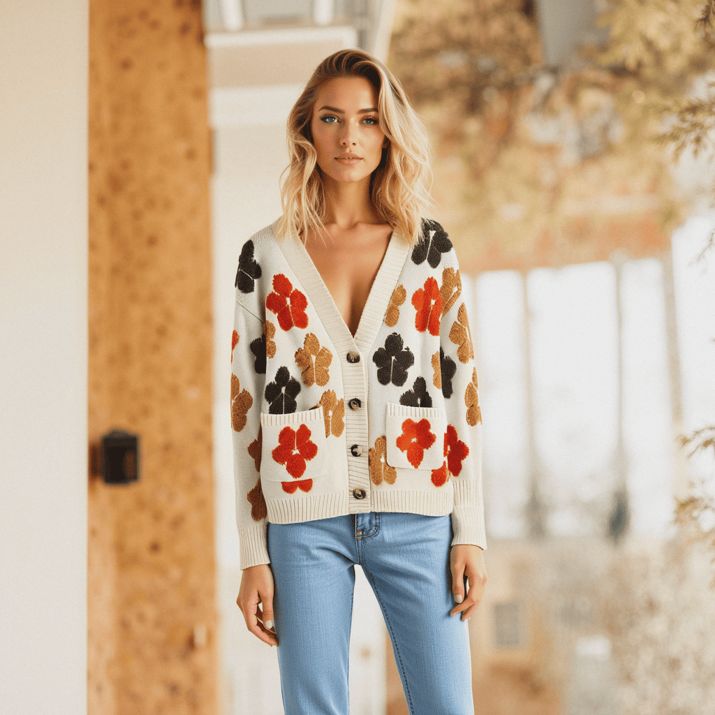 gilet tricoté, gilet fleuri, gilet col en v, gilet à manches longues