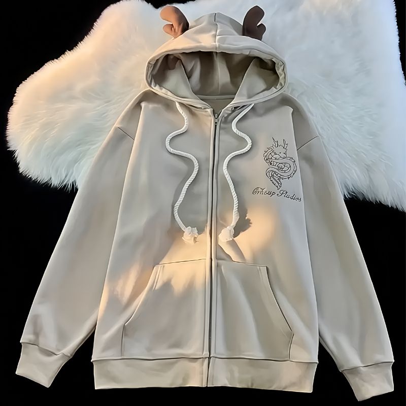 White_Men’s Embroidered Dragon Hoodie with Horns