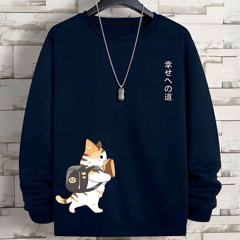 Cartoon Cat Print Loose Sweatshirt Blue