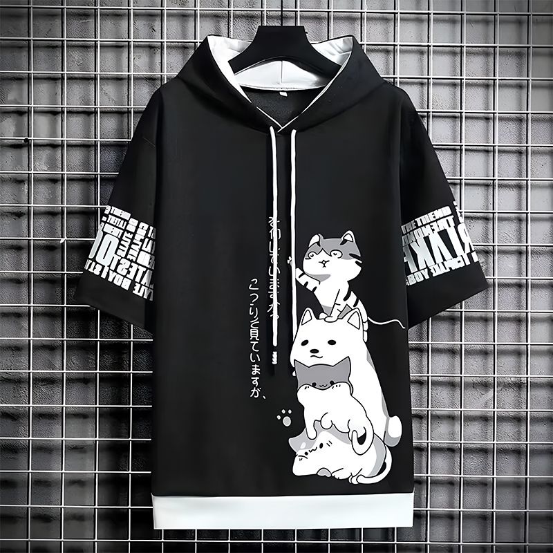 Black_Men’s Cat Print Hooded T-Shirt