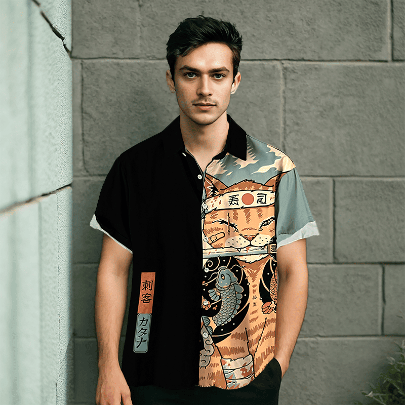 chemise pour homme, chemise à manches courtes, chemise style japonais, chemise avec chat imprimé