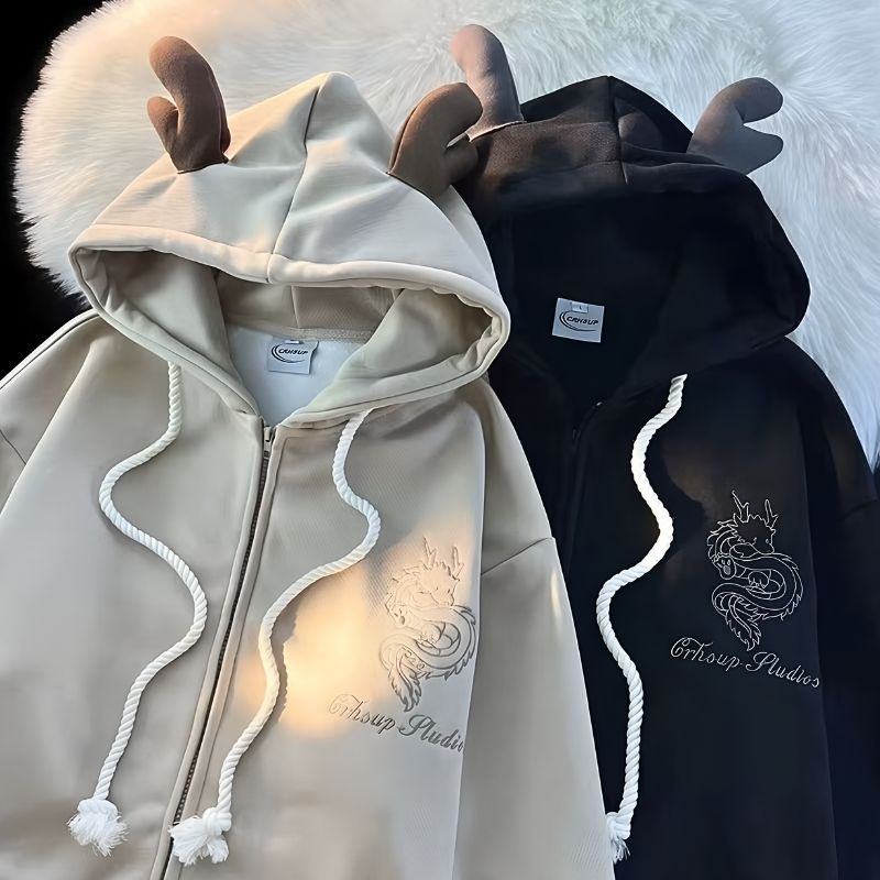 sweat à capuche homme, sweat dragon, sweat avec cornes, sweat ample, sweat oversize