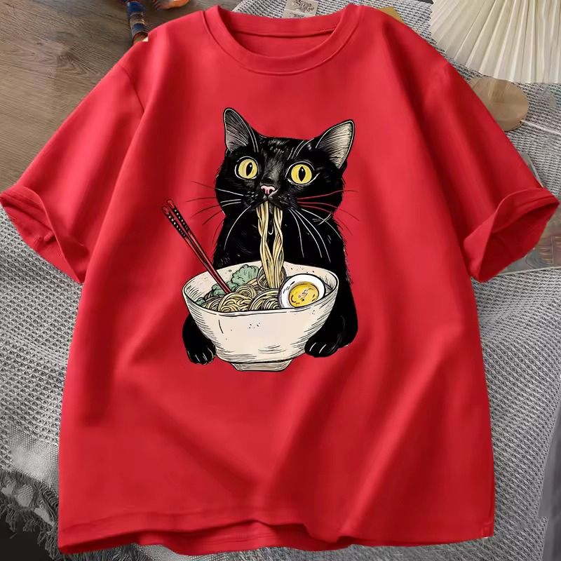 Red_Ramen Cat Print T-Shirt