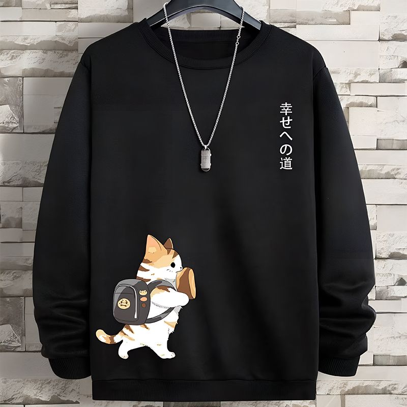 Cartoon Cat Print Loose Sweatshirt Black