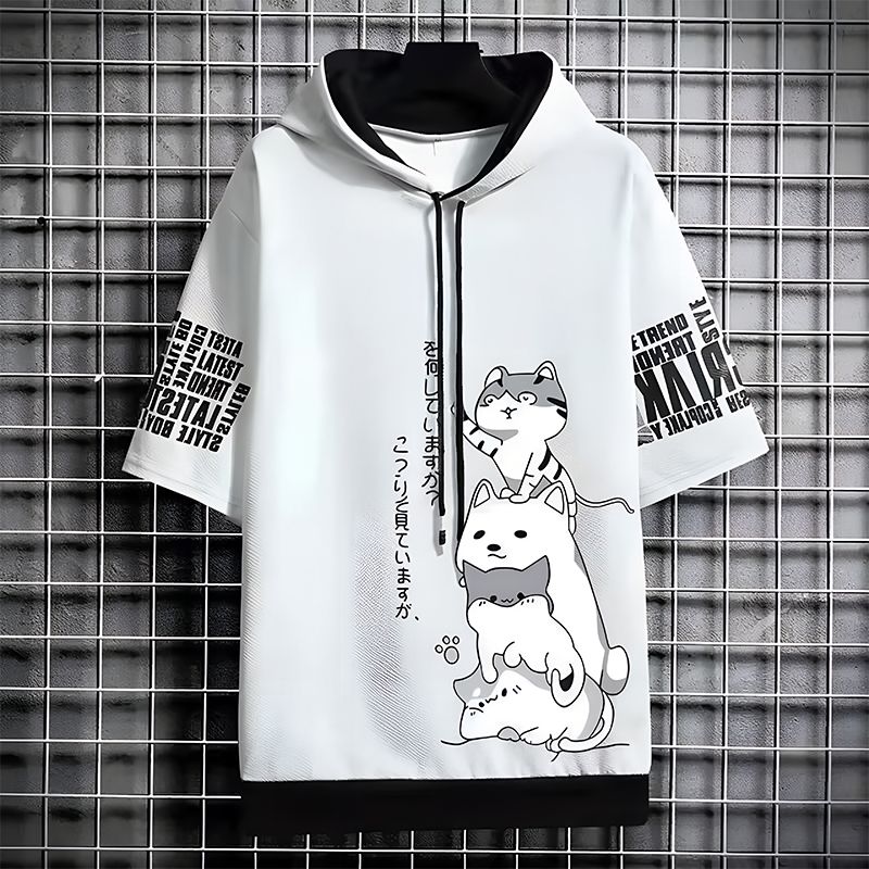 White_Men’s Cat Print Hooded T-Shirt