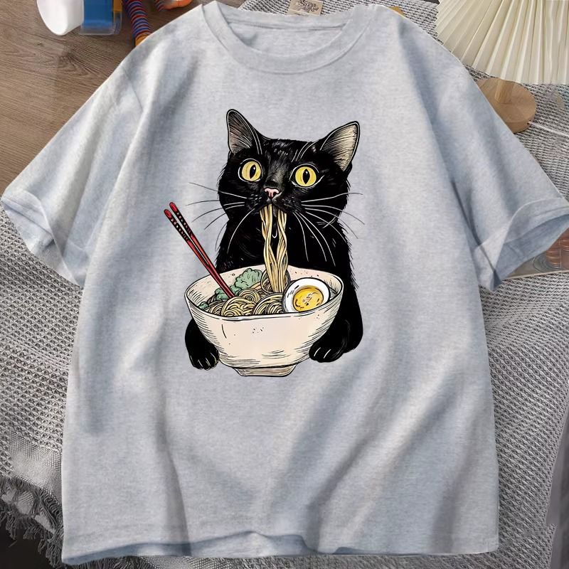 Gray_Ramen Cat Print T-Shirt