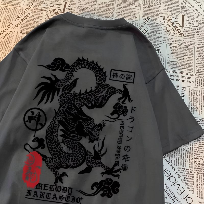 Gray_Dragon Print Oversized T-Shirt