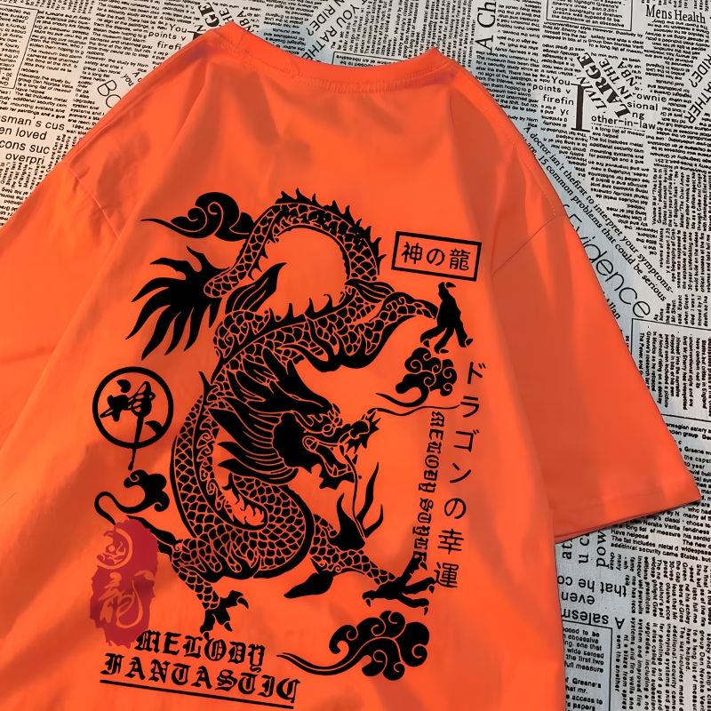 Orange_Dragon Print Oversized T-Shirt