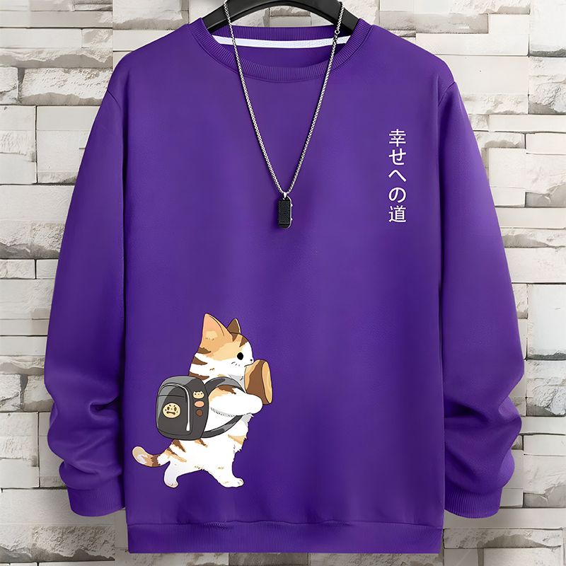 Cartoon Cat Print Loose Sweatshirt Purple