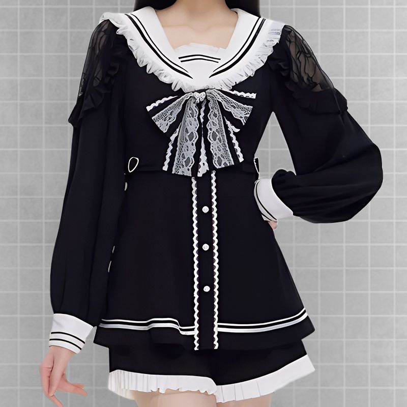 robe noire, robe avec nœud, robe à manches longues, robe gothique, robe japonaise, robe avec short