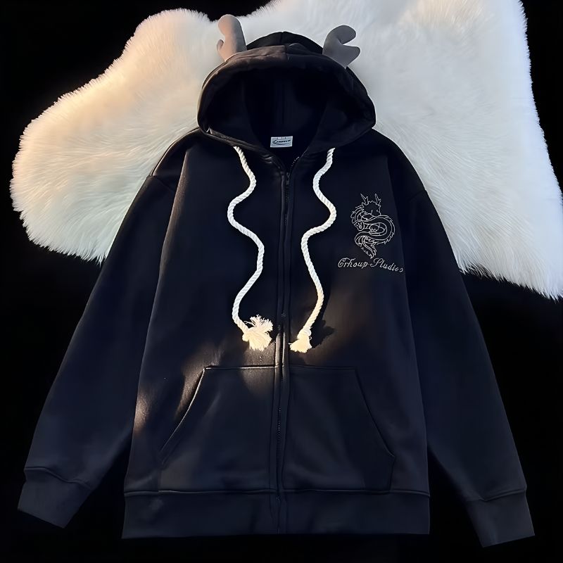 Black_Men’s Embroidered Dragon Hoodie with Horns