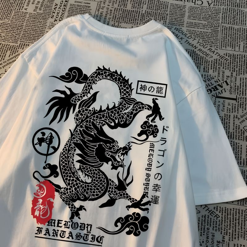 White_Dragon Print Oversized T-Shirt